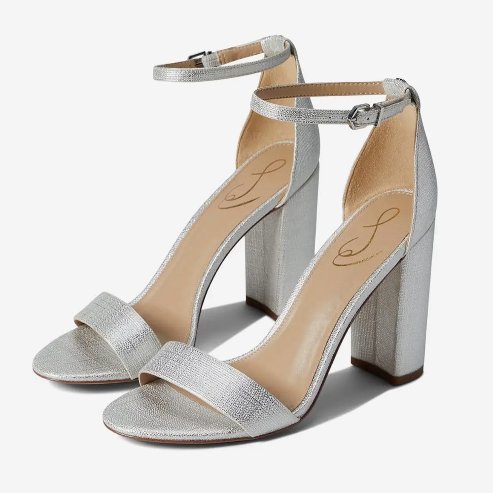 Sam Edelman Yaro Ankle Strap Pewter Metallic Sandal Heel Size 6.5